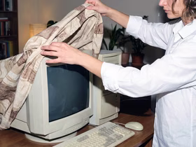 Девушка поднимает одеяло, закрывающее старый монитор компьютера