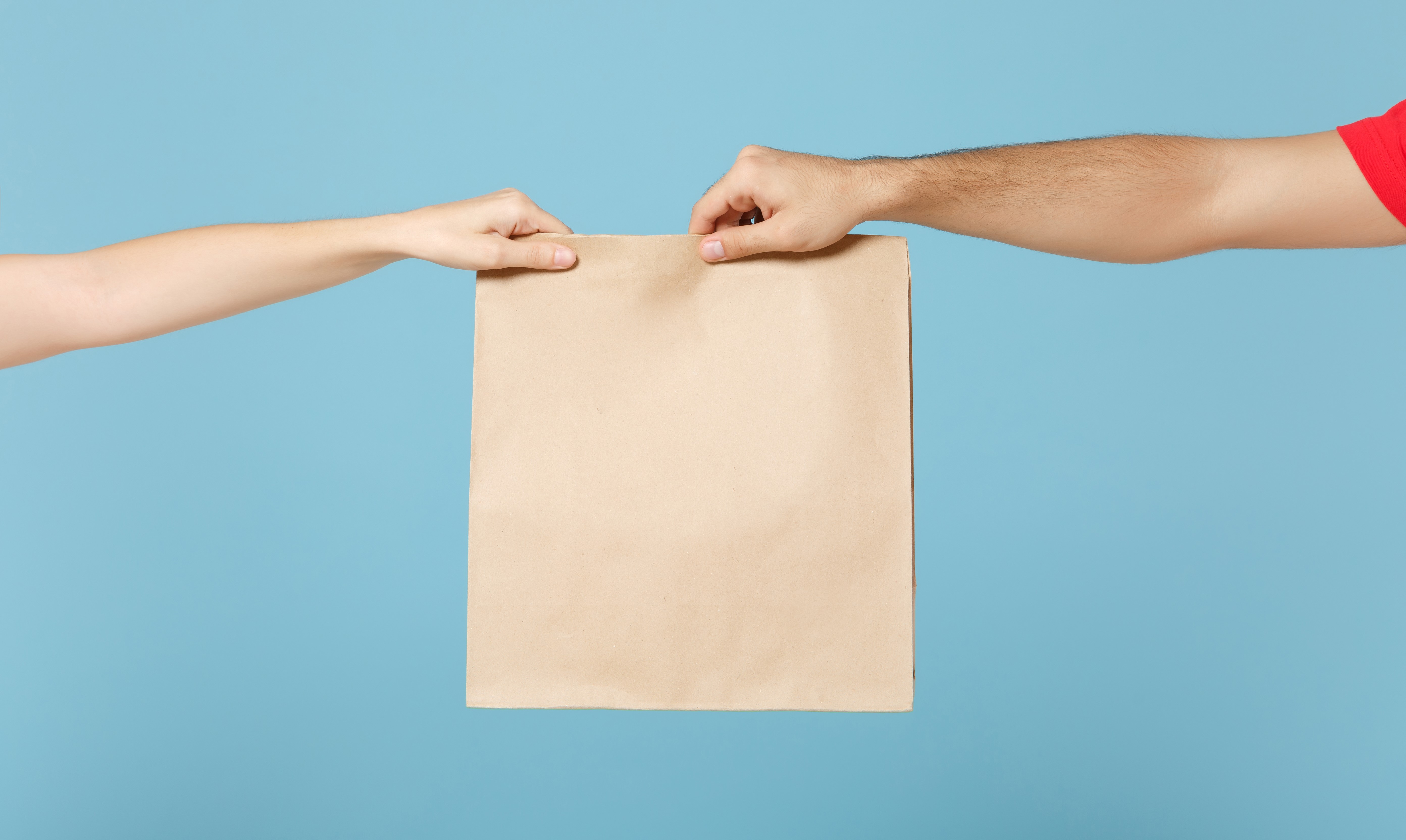 Hold bags. Delivery hand. Girl make with hand paper Bag. Holding Bag in hand. Delivery paper Bag.