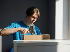 мужчина заклеивает коробку