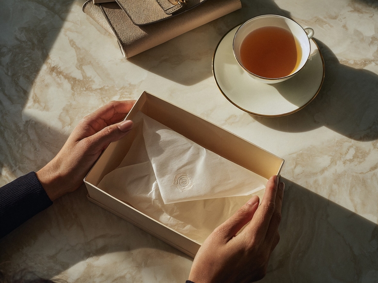 Человек сидит с открытой коробкой и пьёт чай