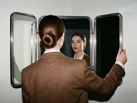 Женщина в костюме смотрит в зеркало