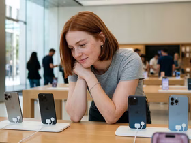 девушка выбирает телефон