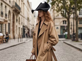 Девушка на улице в бежевом тренче и модной шляпе