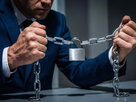 Мужчина держит в руках цепь, на которой посередине висит замок