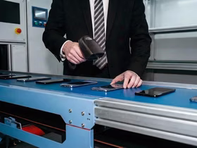 Человек сканирует смартфоны на конвейере