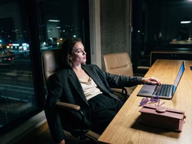 Девушка сидит за ноутбуком в офисе вечером