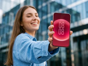 Весёлая девушка в голубой рубашке показывает свой Huawei Pura X View
