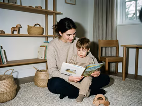 Девушка в бежевом свитере читает книжку ребенку, который сидит у нее на руках
