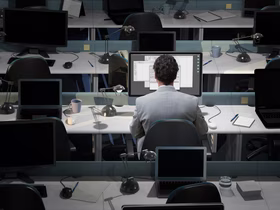 Мужчина за компьютером в опенспейсе