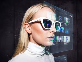 Женщина в очках перед проекцией экрана