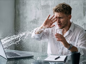 Мужчина прячется от воды из ноутбука