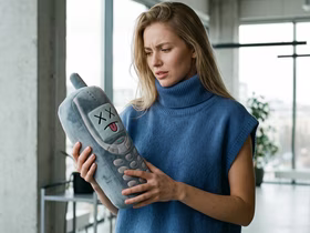 Женщина в синем свитере с недоумением рассматривает мягкую игрушку в виде мобильного телефона с нарисованным лицом.