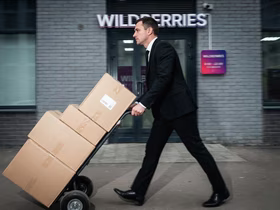 Мужчина в офисном костюме везет коробки на тележке рядом со складом Wildberries