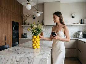 Девушка стоит и трогает лимонную вазу с цветами