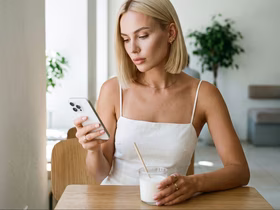 Девушка в белом топе смотрит в белый смартфон