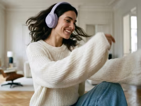 Весёлая девушка в наушниках Sony WH-1000XM4C лавандового цвета