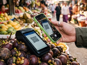 Смартфон сканирует QR-код на платежном терминале среди фруктов на рынке