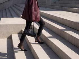 Женские ноги в туфлях на каблуке шагают по лестнице