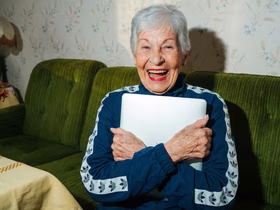 Бабушка с улыбкой на лице держит в руках ноутбук