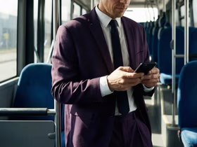 Мужчина в костюме смотрит в телефон
