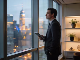 Мужчина в деловом костюме стоит в офисе и смотрит в панорамное окно