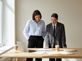 Женщины в костюмах смотрят на бумаги на столе