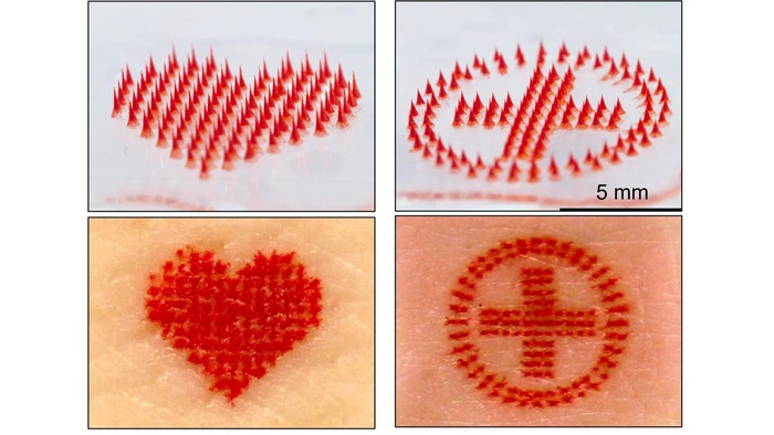 Штампы с микроиглами, наполненные красными чернилами для татуировок, и полученные в результате татуировки.