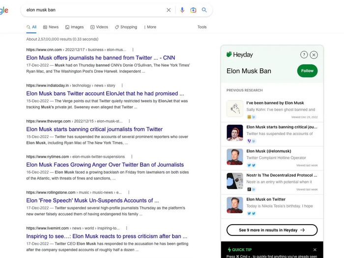 Екранна снимка на подсказките на Heyday до резултатите от търсенето с Google за Илон Мъск