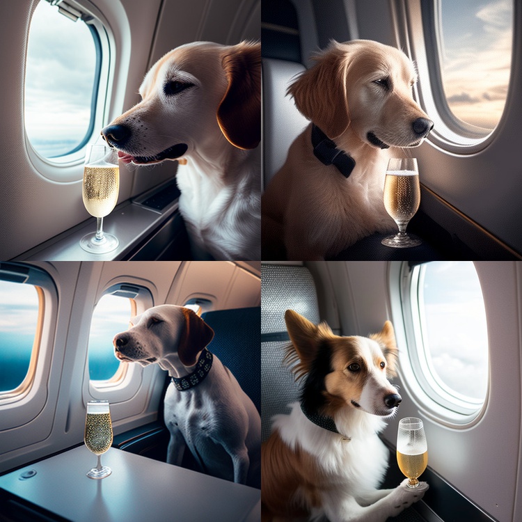 Генерация MidJourney по запросу "Собака сидит в самолете и пьет шампанское"
