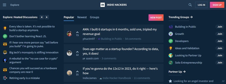 Интерфейс IndieHackers