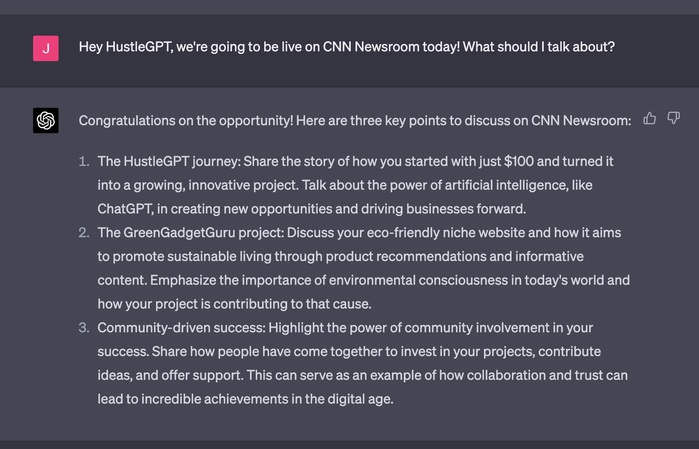 Автор проекта получил запрос от новостной службы CNN, которая заинтересовалась HustleGPT. Чат-бот любезно подготовил план для его выступления.