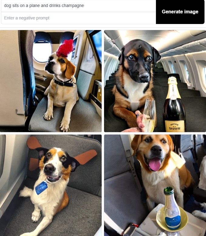 Генерация Stable Diffusion по запросу «Собака сидит в самолете и пьет шампанское»