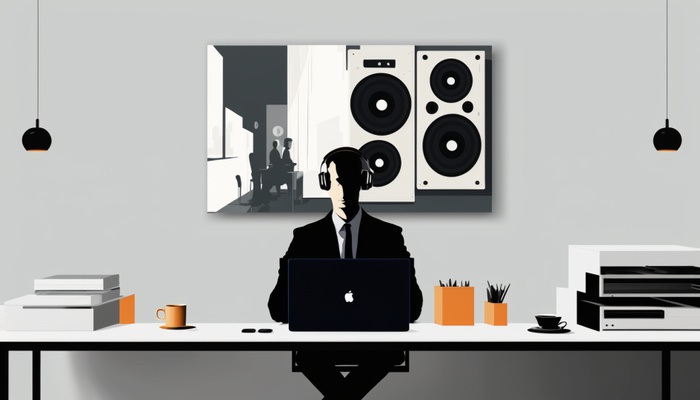 изображение мужчины, работающего за ноутбуком, креативный офис, современная иллюстрация