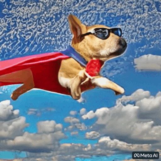 Летящая в небе собака в супергеройском костюме с красным плащом