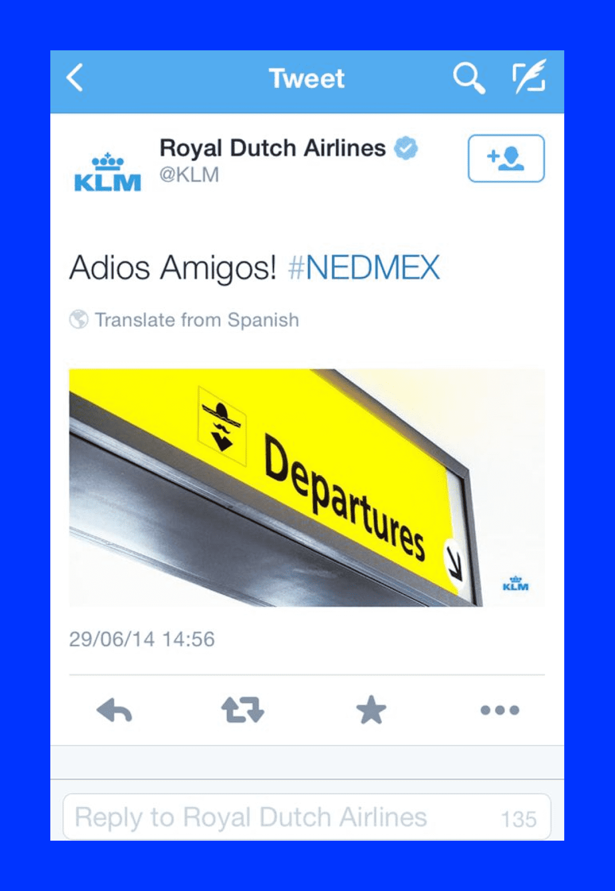 Пост KLM с фразой «Adios Amigos!»